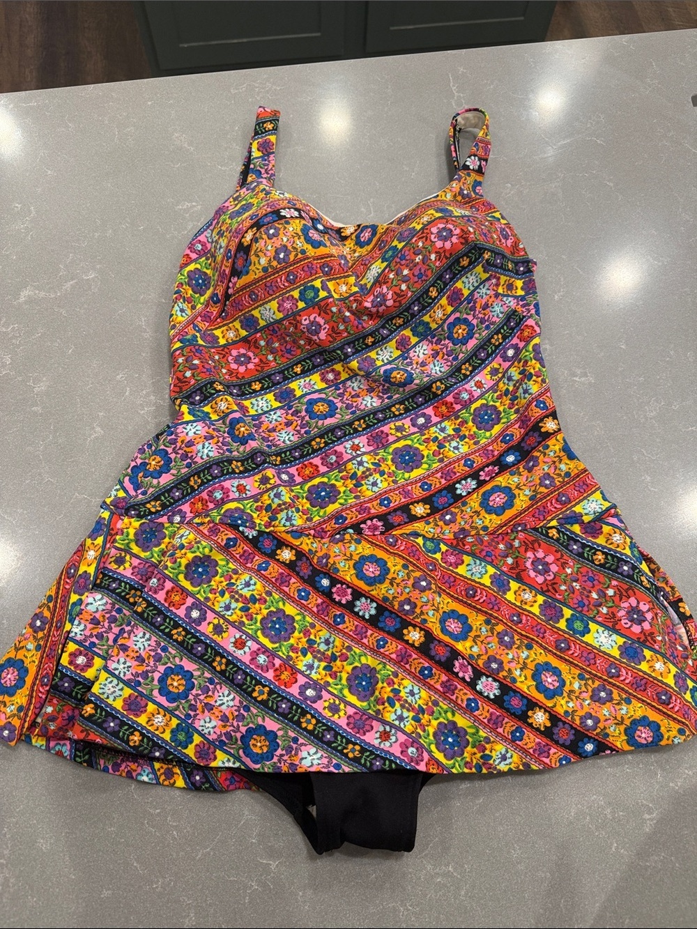 Vintage Floral Multicolor One-Piece Swimdress in Pink, Orange & Blue